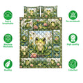 Frog quilt bedding set shown with repeated pond artwork and soft breathable, washable, colorfast feature icons