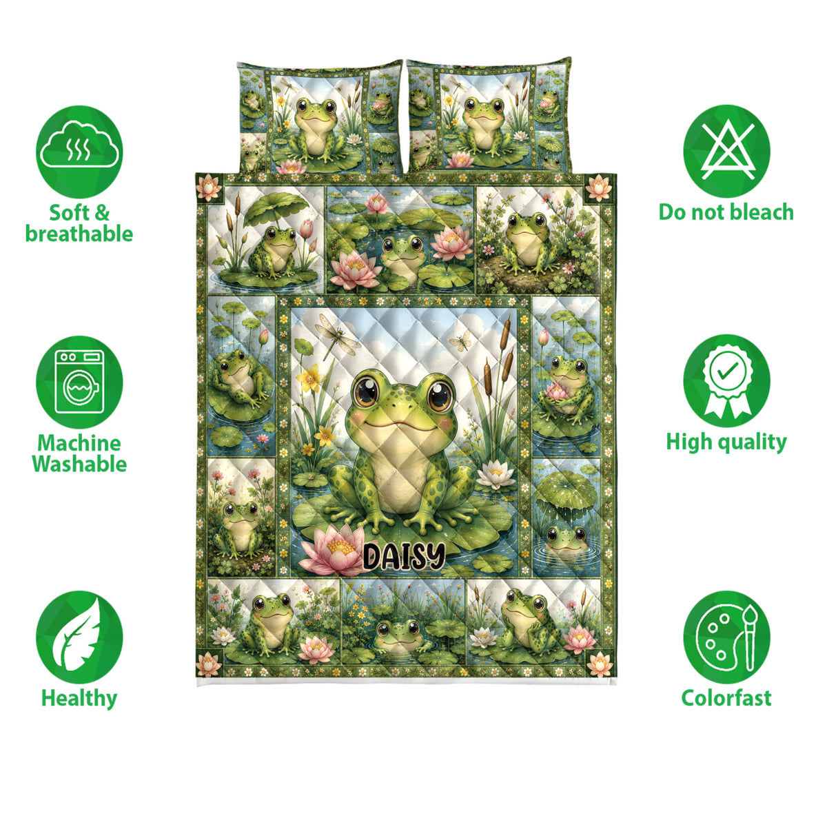 Frog quilt bedding set shown with repeated pond artwork and soft breathable, washable, colorfast feature icons