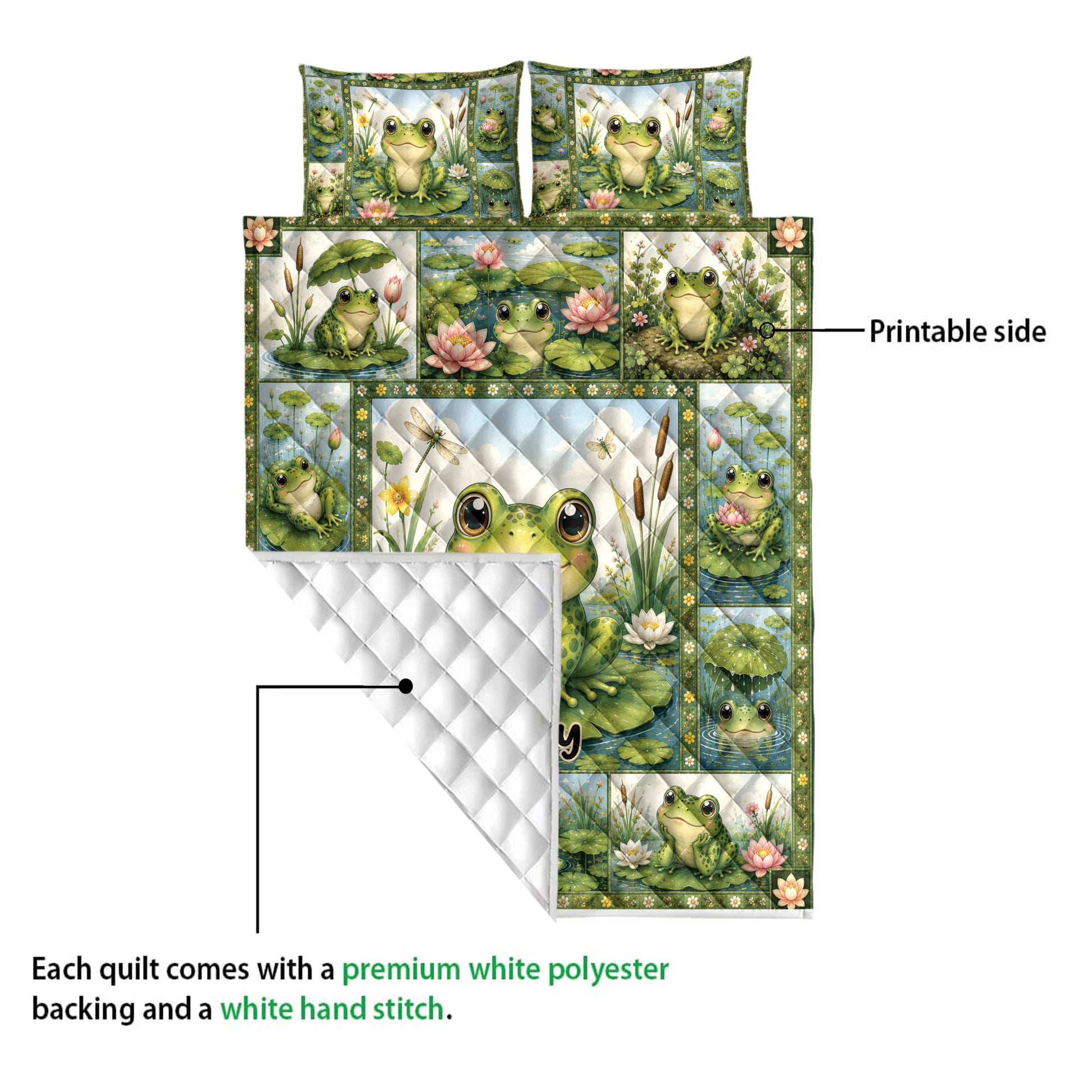 Frog quilt blanket close-up showing the printed pond artwork and white diamond-stitched backing