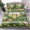 Frog quilt blanket styled in a bright bedroom with green frogs, lily pads, lotus flowers, and dragonflies