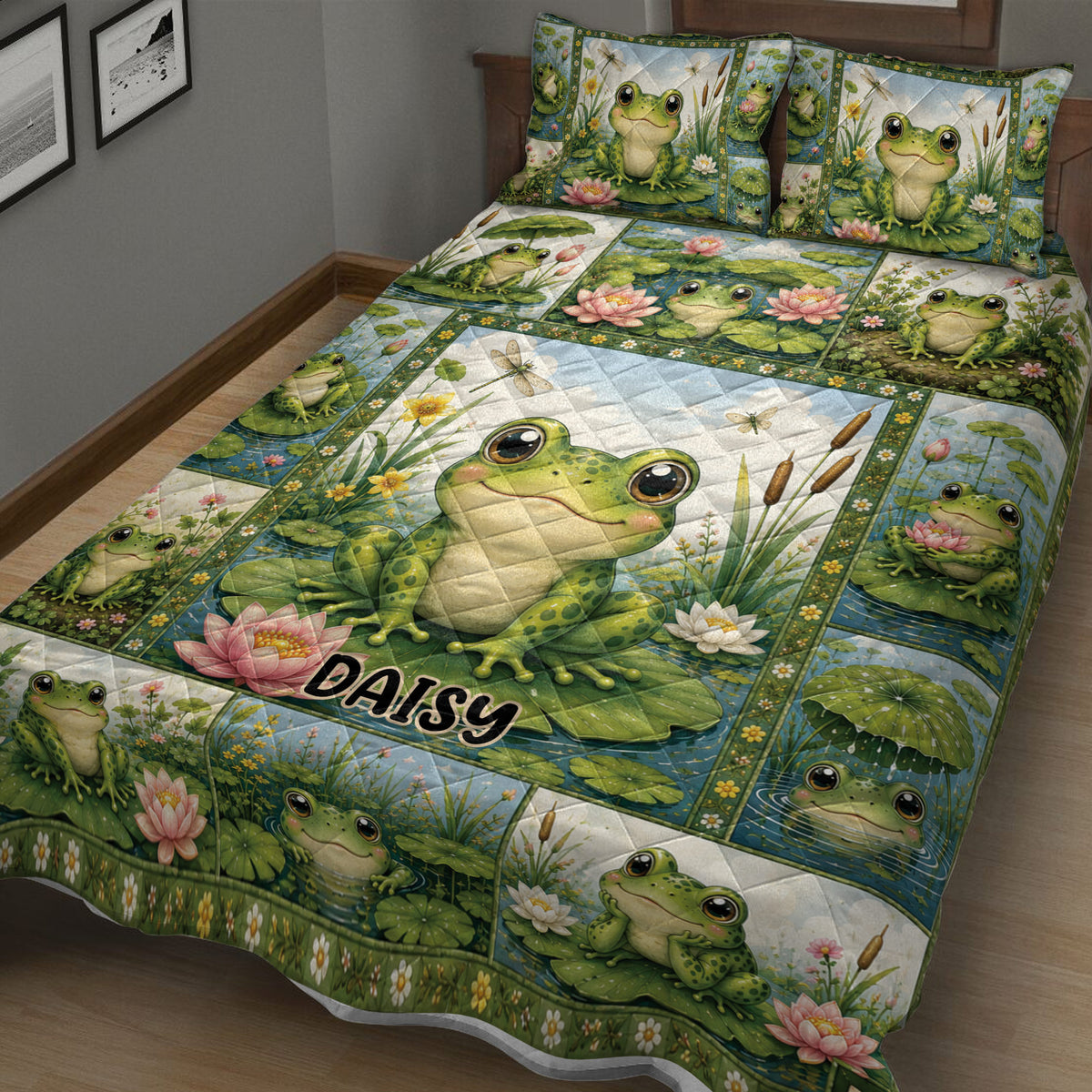 Frog pond quilt bedding set shown in a cozy bedroom with colorful frog scenes and floral water garden details