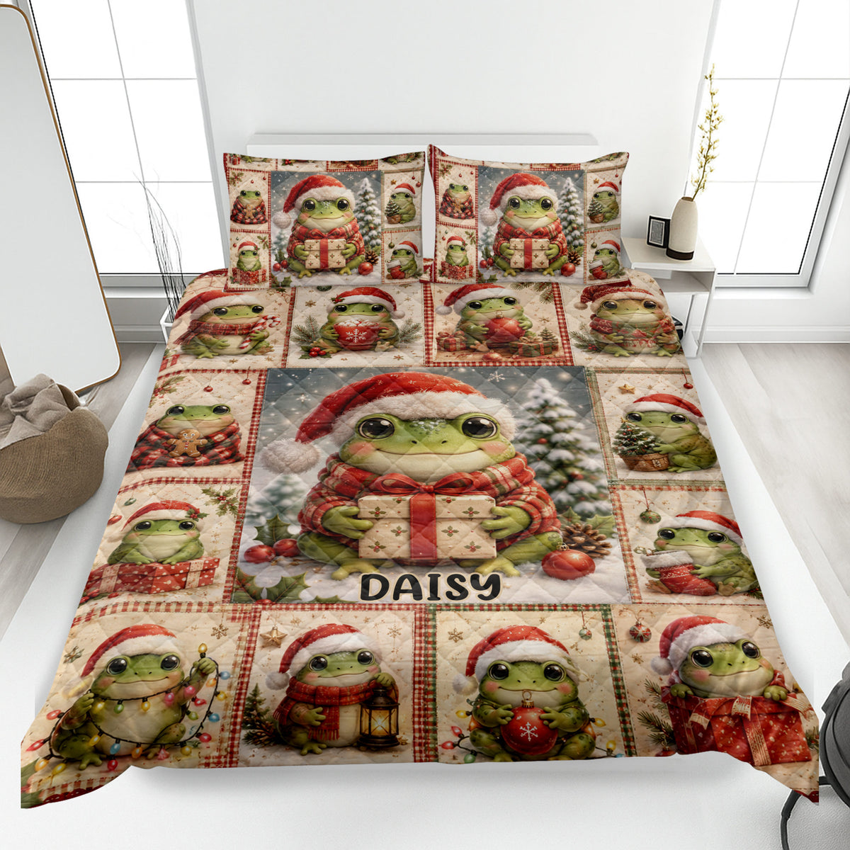 Christmas frog quilt blanket spread across a bed with festive frogs, presents, ornaments, and snowy trees