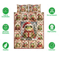 Festive frog quilt bedding display with Santa hats, Christmas gifts, and soft breathable fabric feature icons