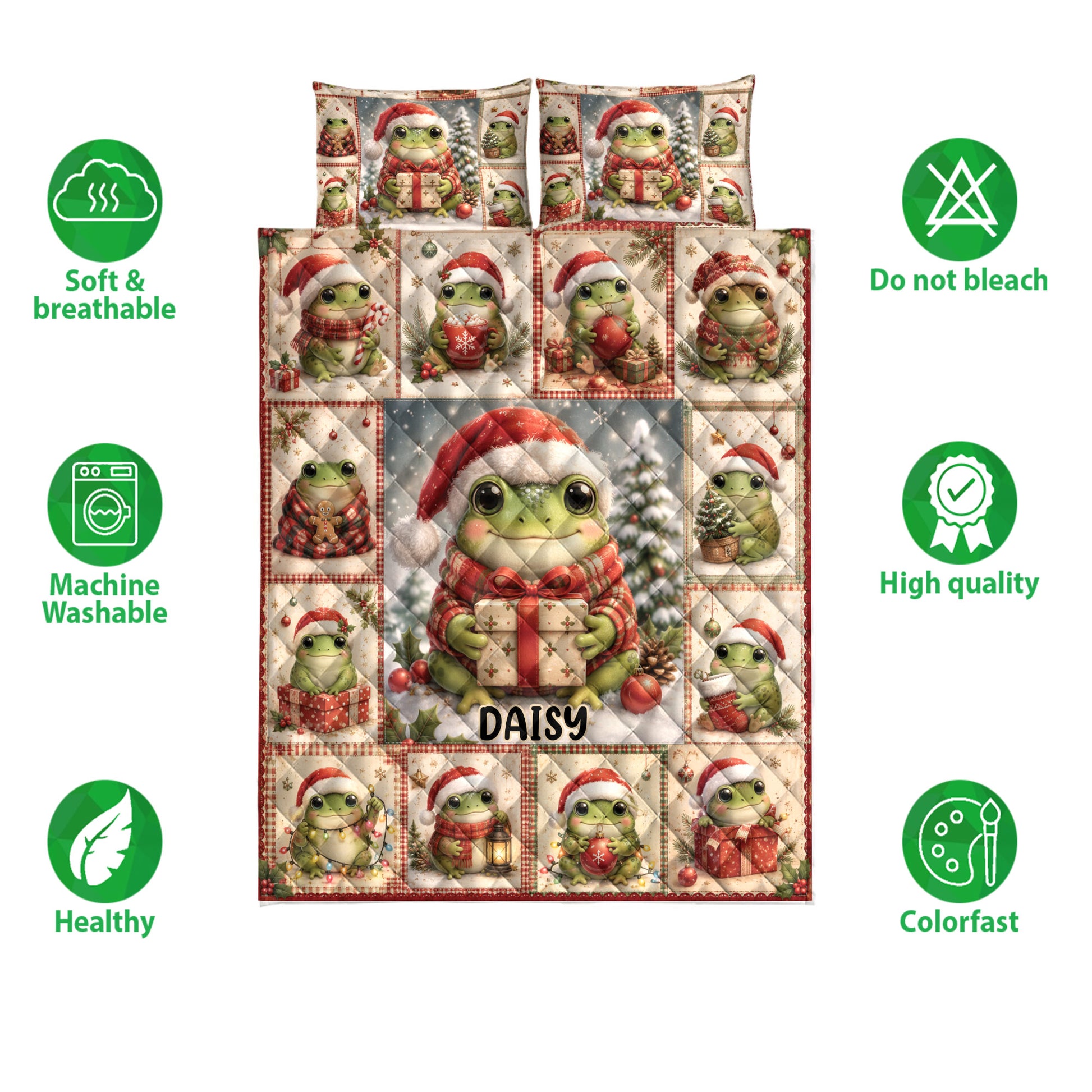 Festive frog quilt bedding display with Santa hats, Christmas gifts, and soft breathable fabric feature icons