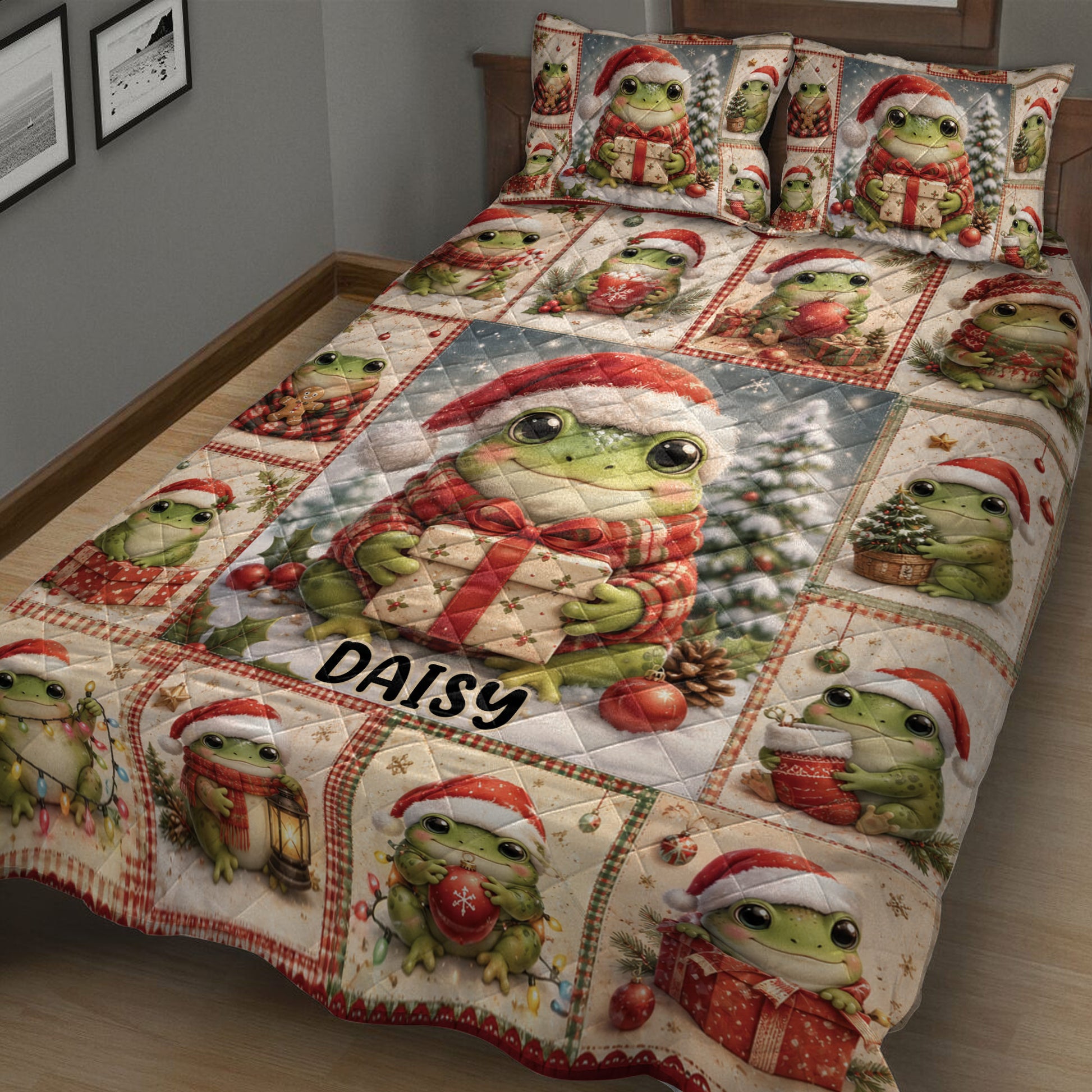 Close bedroom view of a Christmas frog quilt featuring gift-holding frogs, ornaments, and holiday colors