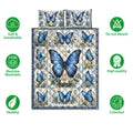 Butterfly quilt blanket set with blue floral artwork and product feature icons