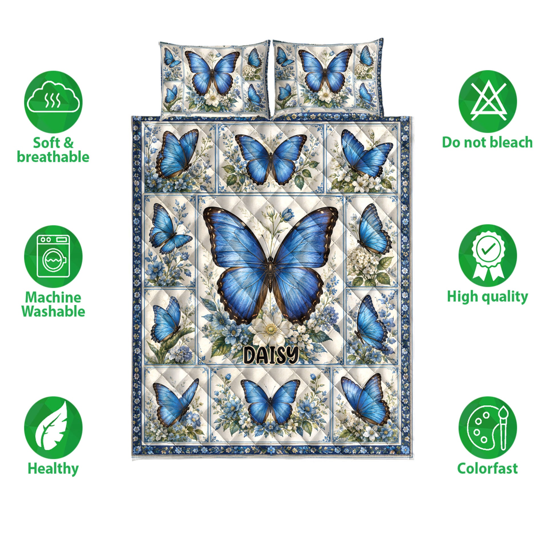 Butterfly quilt blanket set with blue floral artwork and product feature icons