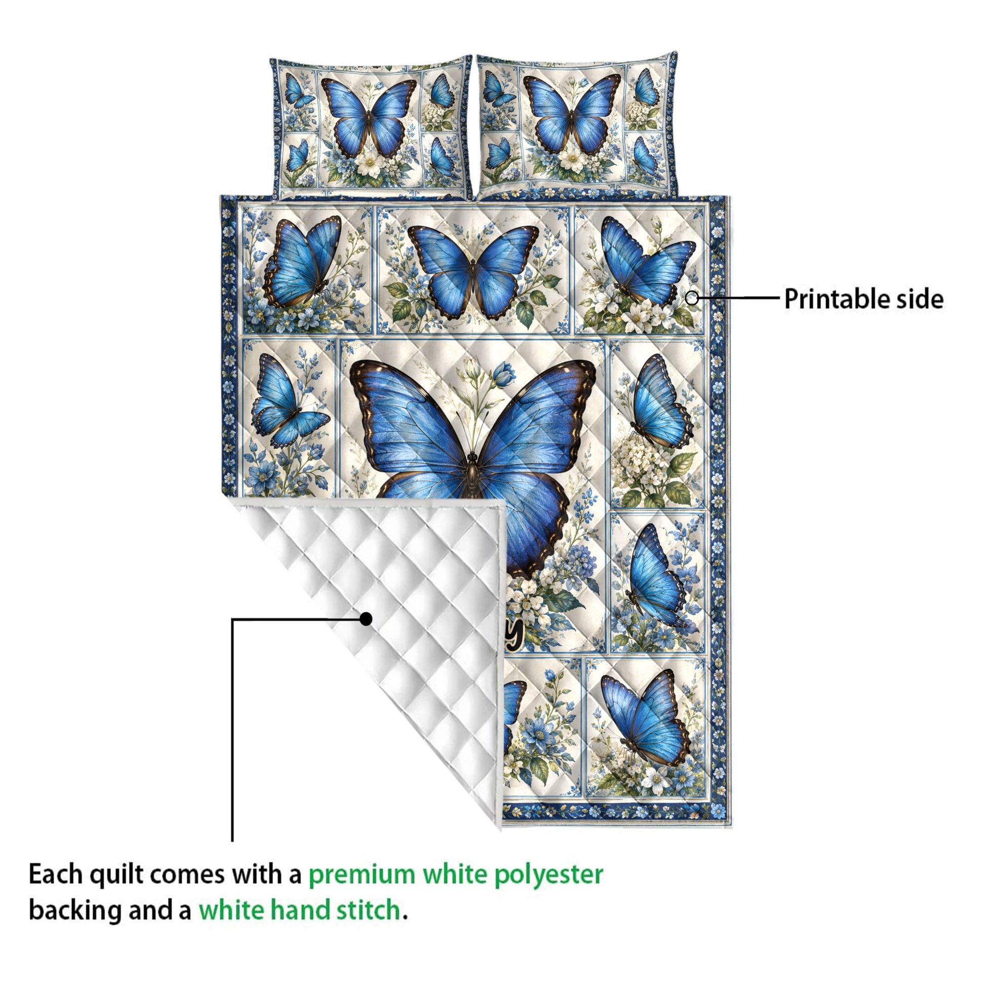 Blue butterfly quilt blanket detail showing the printed front and quilted white backing