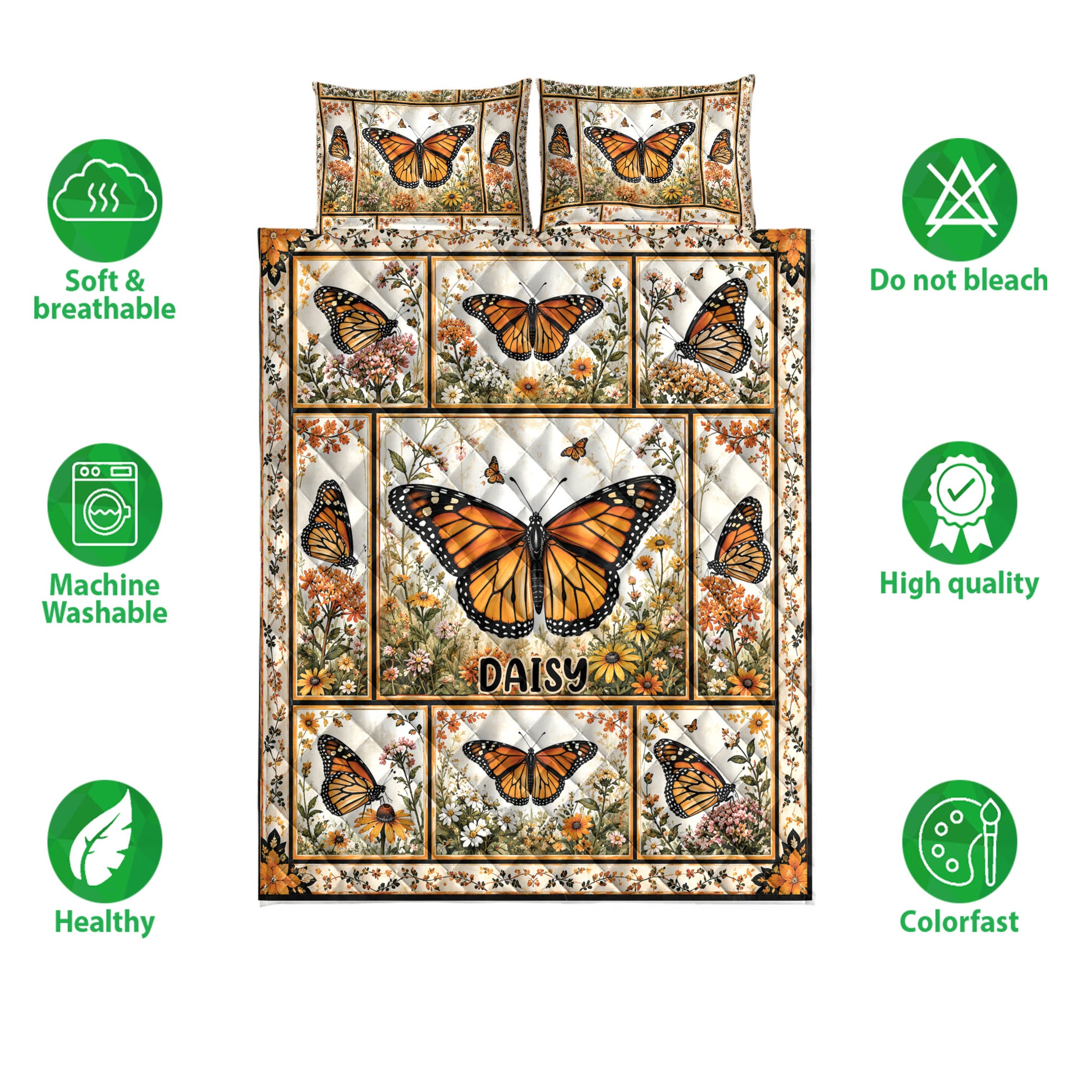 Butterfly quilt blanket shown with floral artwork and soft breathable bedding features