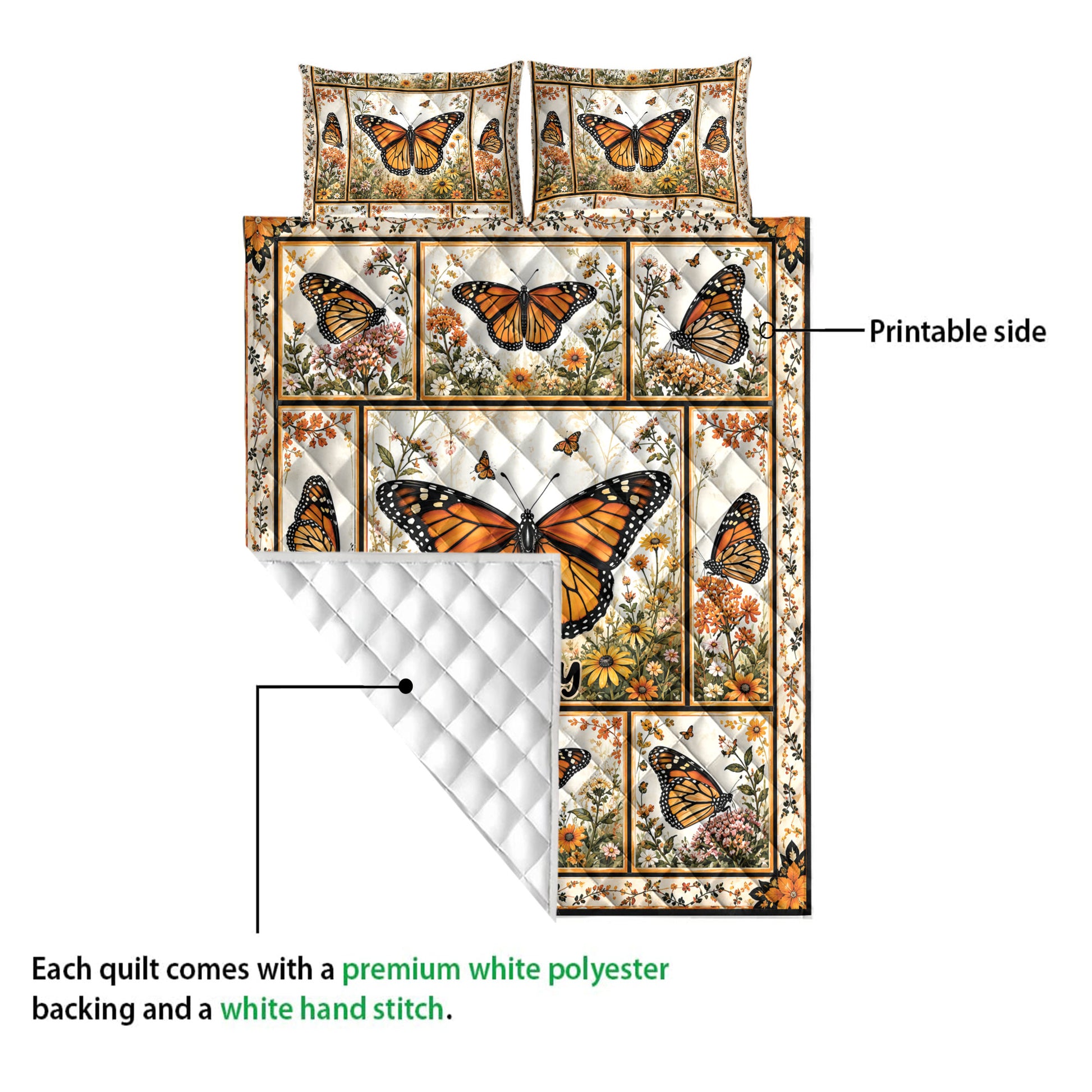 Butterfly quilt bedding set showing the printed floral side and white quilted backing
