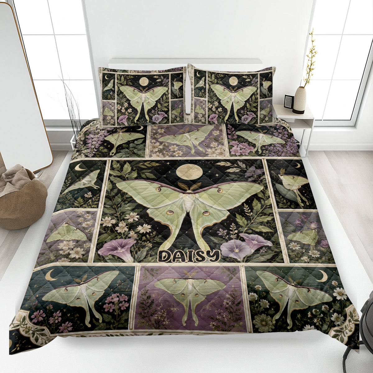 Butterfly quilt blanket with moonlit botanical panels and pale green wings displayed on a bedroom bed