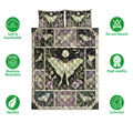 Butterfly quilt bedding set shown with botanical artwork and soft, breathable product feature icons