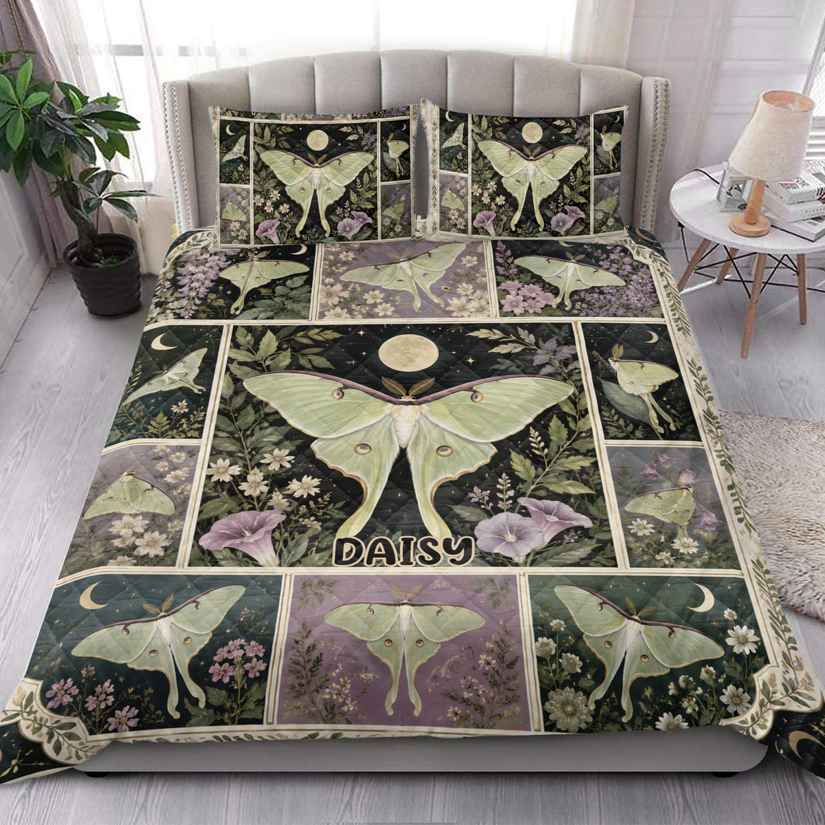 Moonlit butterfly quilt blanket styled on a bright bedroom bed with floral botanical artwork