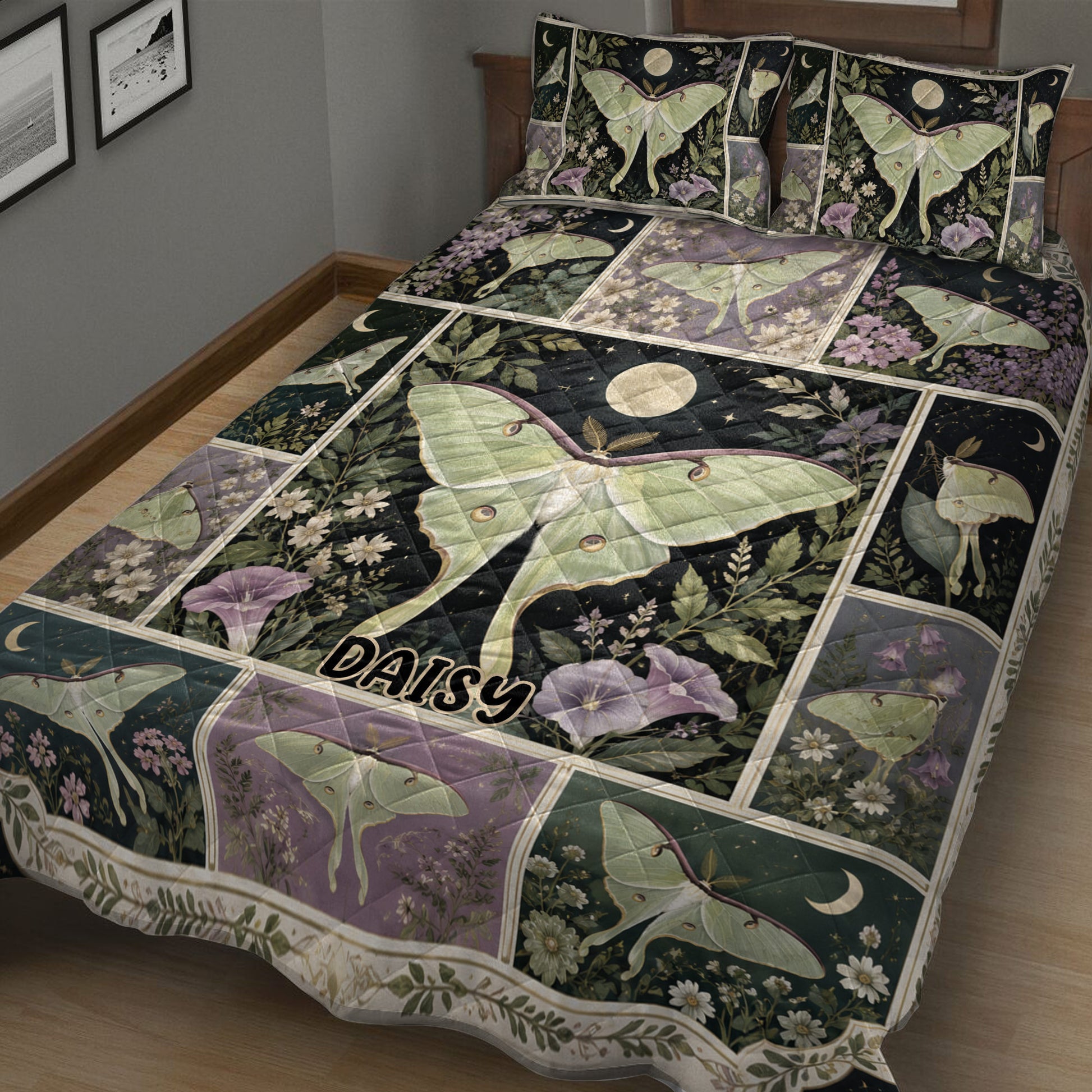 Dark botanical butterfly quilt blanket displayed across a bed with coordinating butterfly artwork