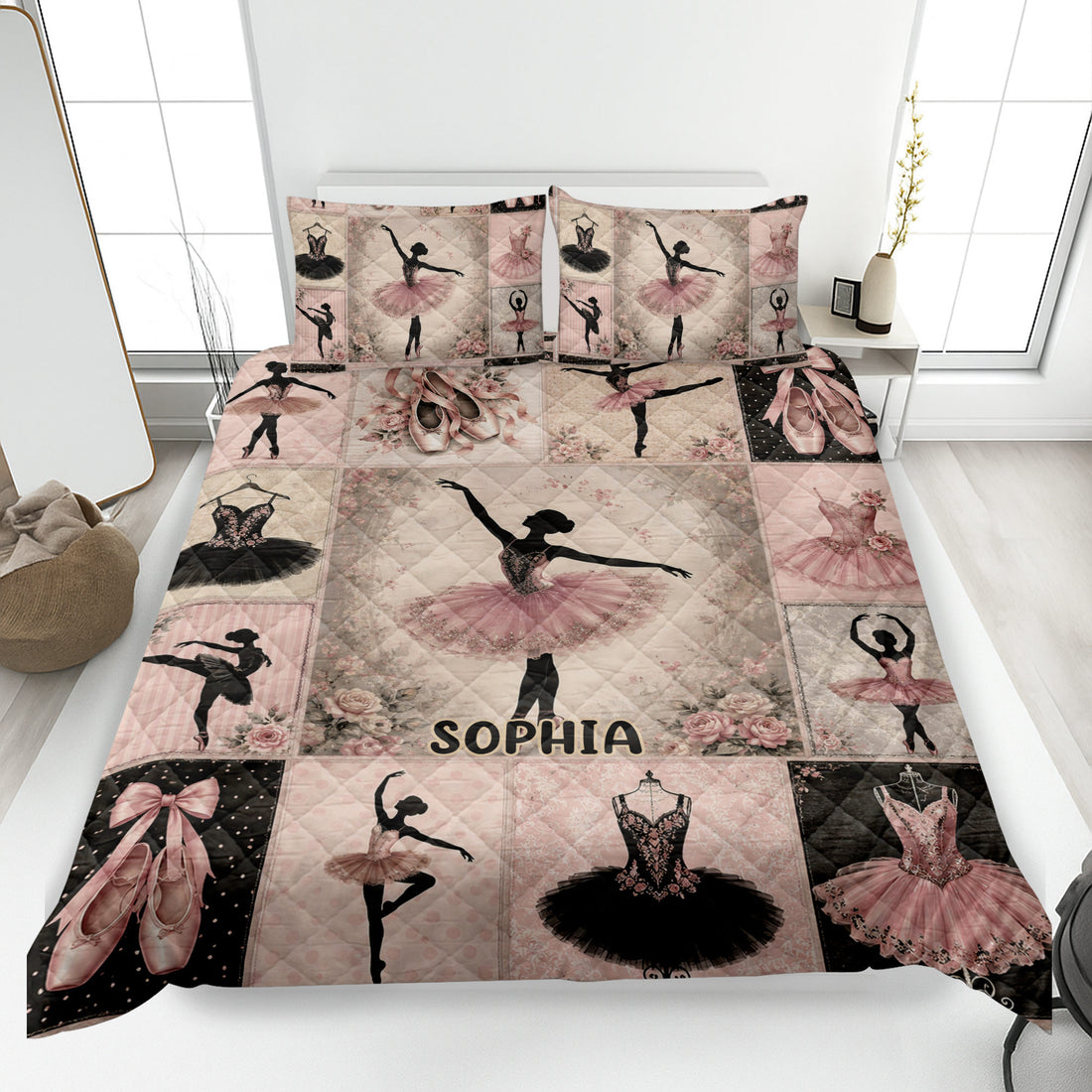 Ballet quilt blanket bedding set displayed on a bed with pink tutus, pointe shoes, roses, and dancer silhouettes