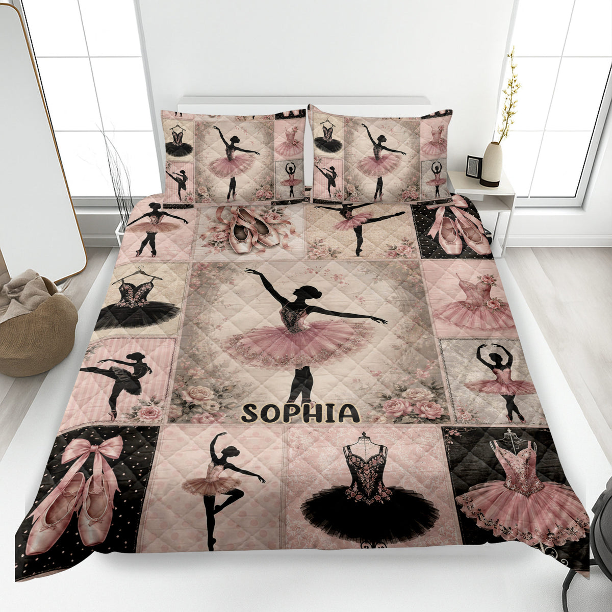 Ballet quilt blanket bedding set displayed on a bed with pink tutus, pointe shoes, roses, and dancer silhouettes