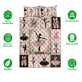 Ballet quilt bedding set shown with ballerina artwork, pink and black costumes, pointe shoes, and feature icons
