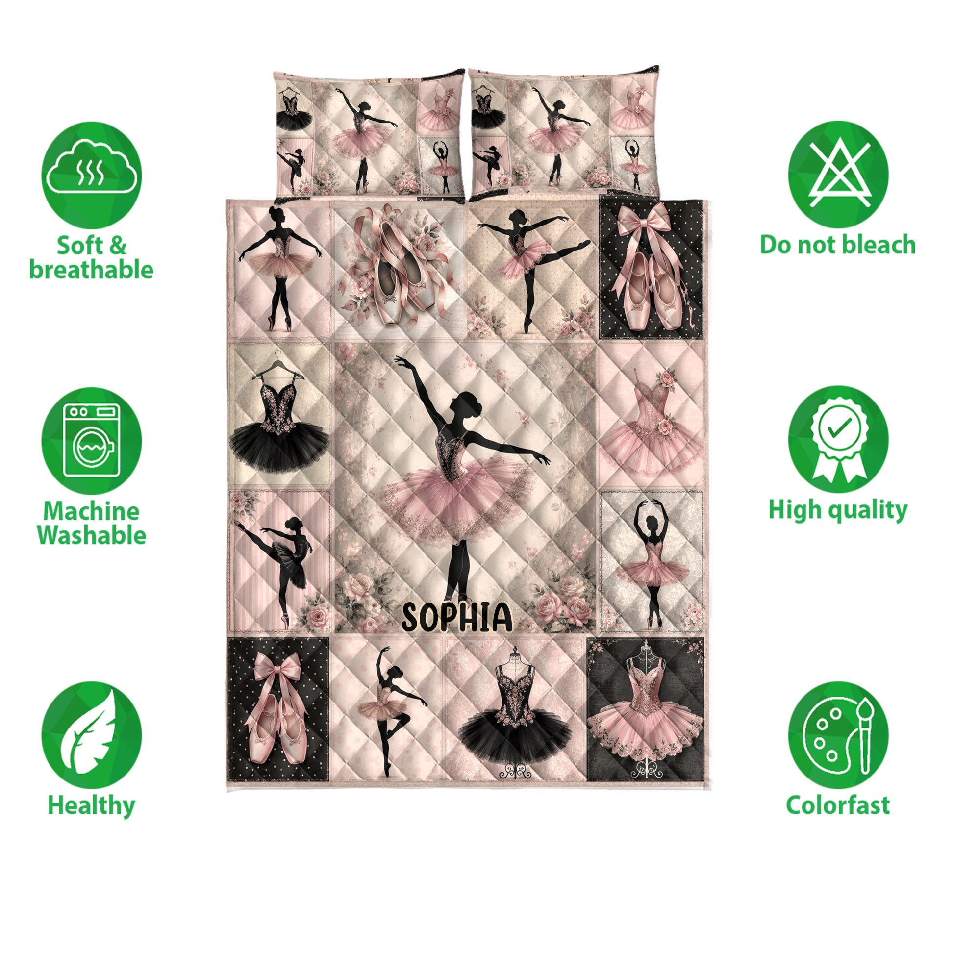 Ballet quilt bedding set shown with ballerina artwork, pink and black costumes, pointe shoes, and feature icons