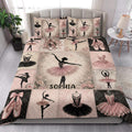 Pink ballet quilt blanket and pillowcase options styled on a bedroom bed with ballerina silhouettes and floral artwork