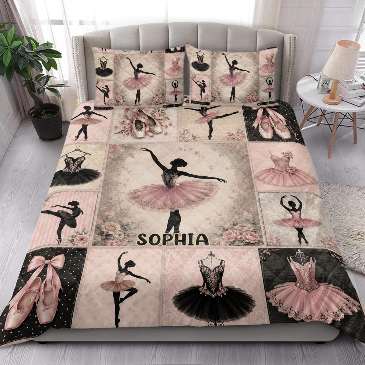 Pink ballet quilt blanket and pillowcase options styled on a bedroom bed with ballerina silhouettes and floral artwork