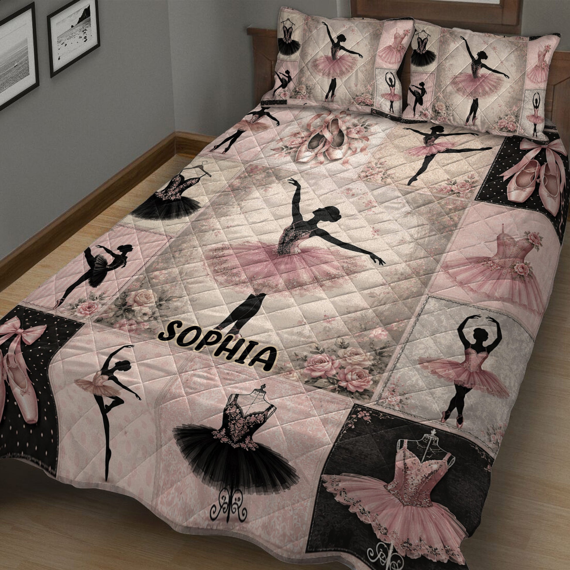 Ballet dancer quilt blanket displayed in a bedroom with pink tutus, pointe shoes, roses, and elegant dance artwork