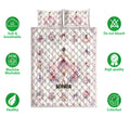Ballet quilt bedding set shown with ballerina artwork, floral accents, and product feature icons