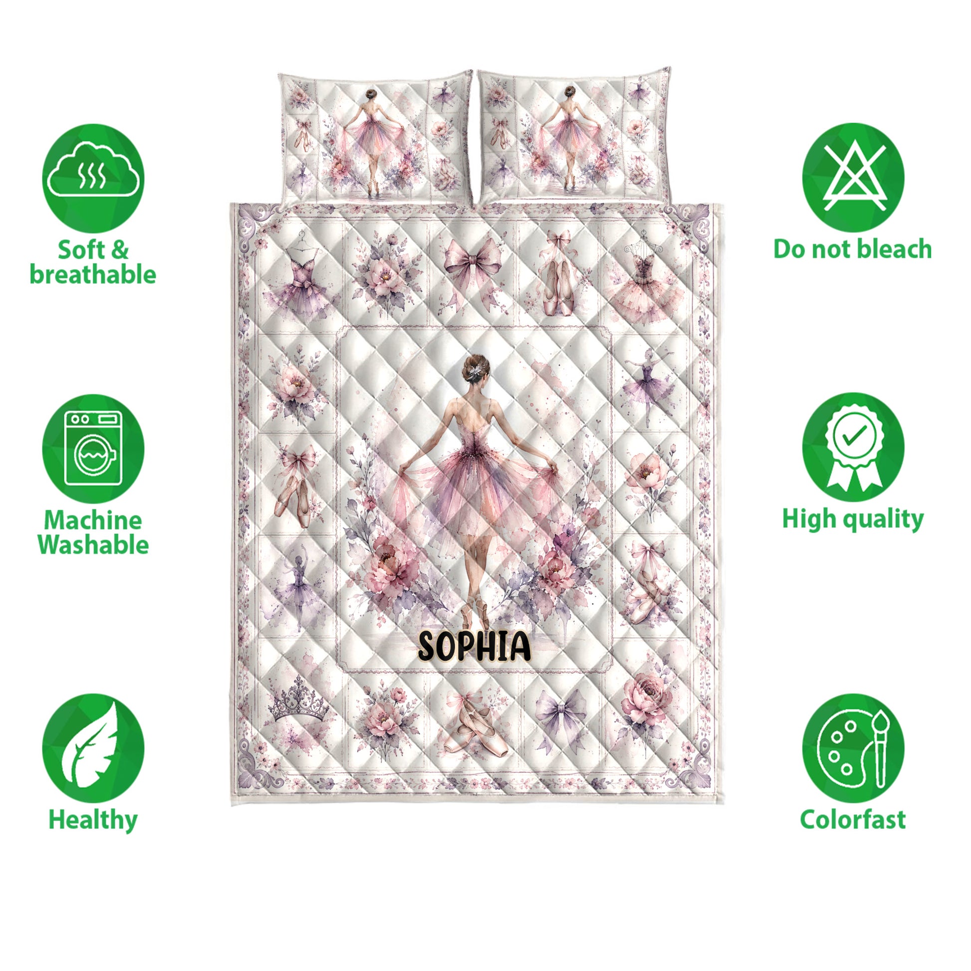 Ballet quilt bedding set shown with ballerina artwork, floral accents, and product feature icons