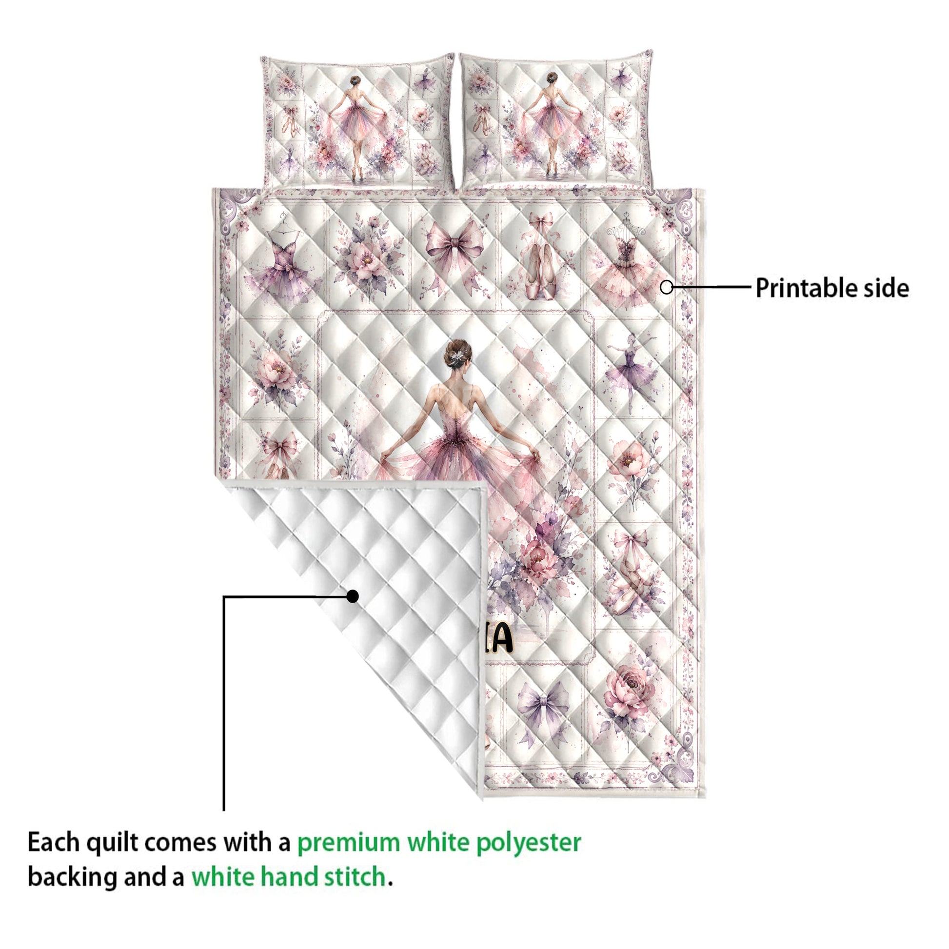 Ballet quilt showing its printed side, white quilted reverse, ballerina artwork, flowers, and pointe shoes