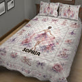 Ballet bedding set displayed on a bed with floral ballerina artwork, tutus, pointe shoes, and pastel colors