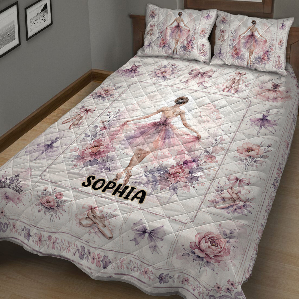 Ballet bedding set displayed on a bed with floral ballerina artwork, tutus, pointe shoes, and pastel colors