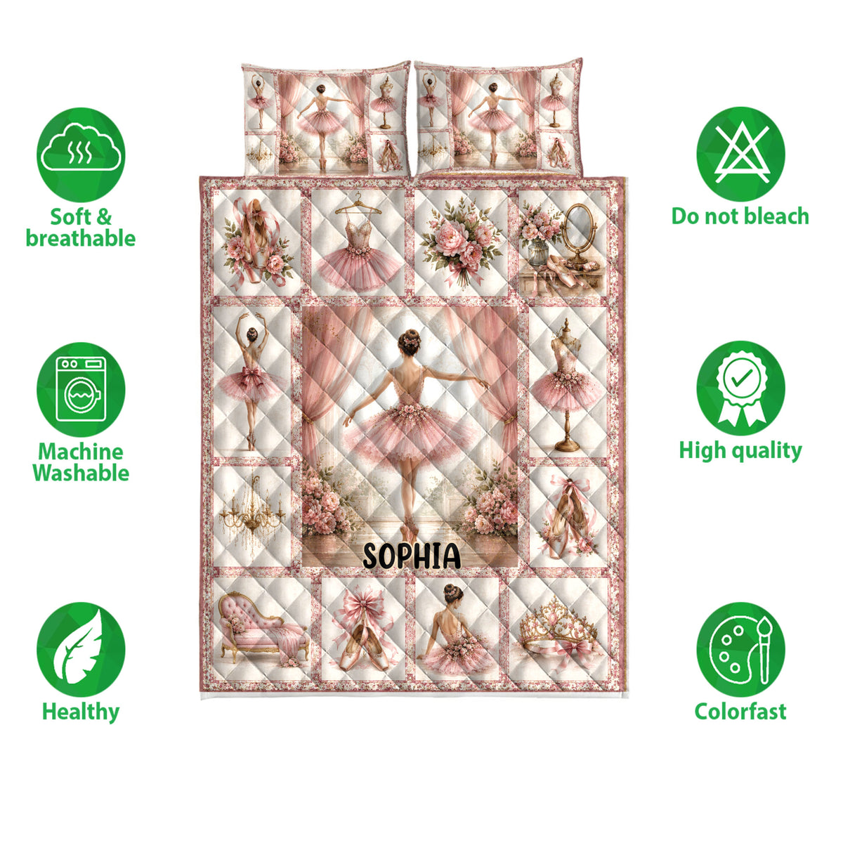 Ballet quilt bedding set displayed with matching visual panels and icons highlighting softness, breathability, and quality