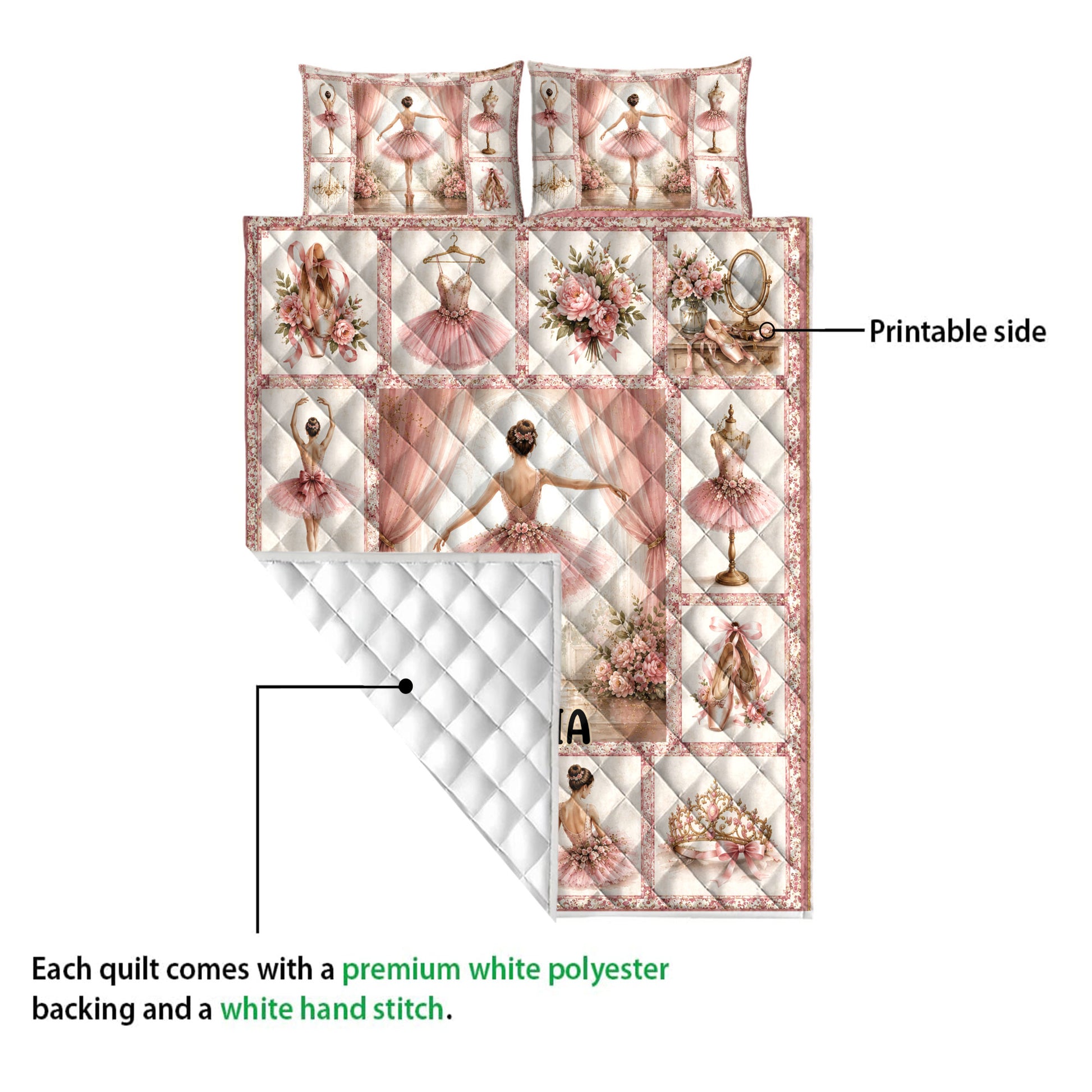 Ballet quilt blanket detail showing the printed ballerina artwork and white diamond-stitched reverse side