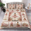Ballet quilt bedding styled in a bright bedroom with pink ballerinas, floral panels, tutus, and pointe shoes