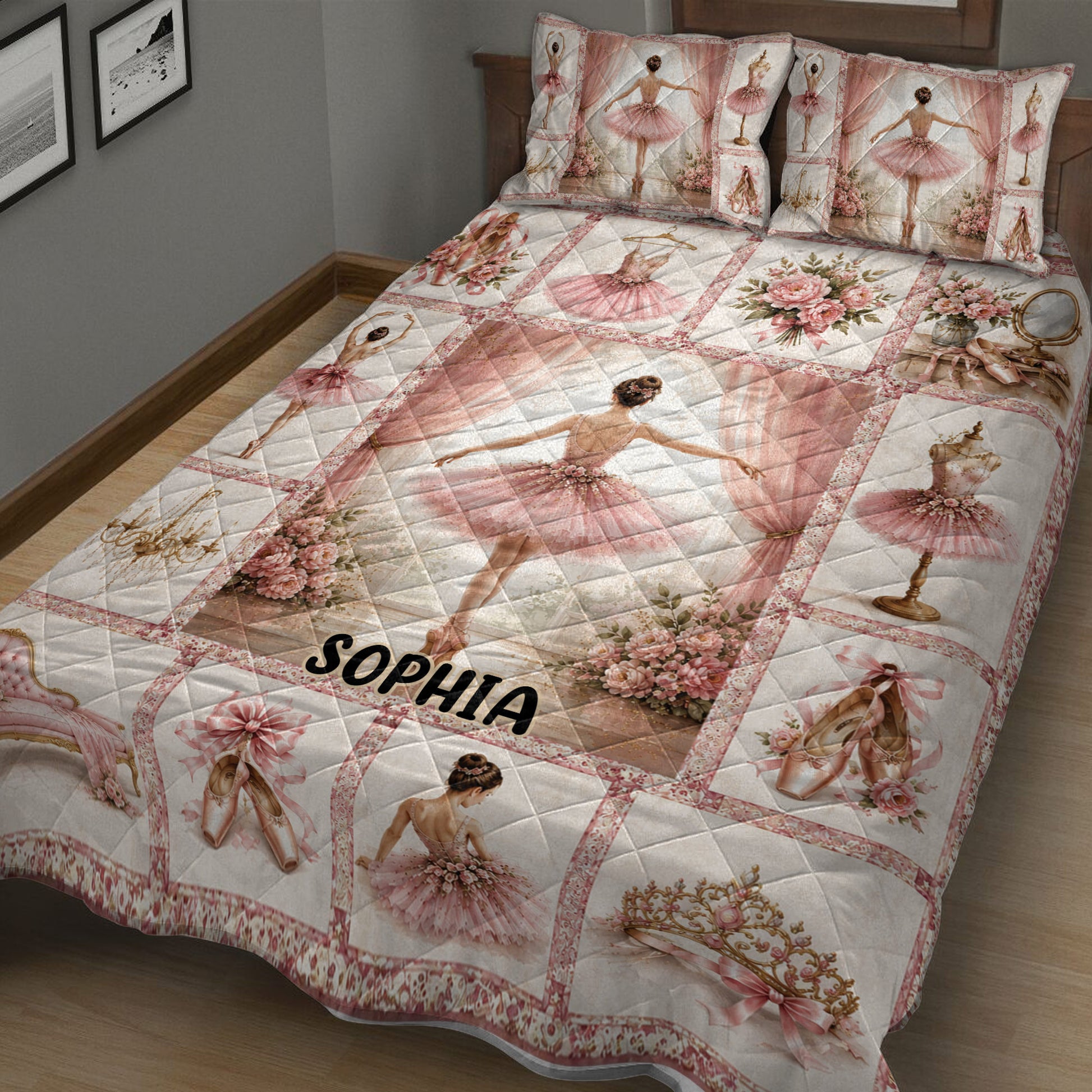 Ballet quilt blanket presented on a bed with ballerina scenes, pink flowers, pointe shoes, and romantic vintage decor