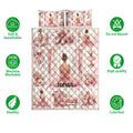 Ballet quilt bedding set shown with ballerina artwork, pink roses, pointe shoes, soft breathable design, and care icons