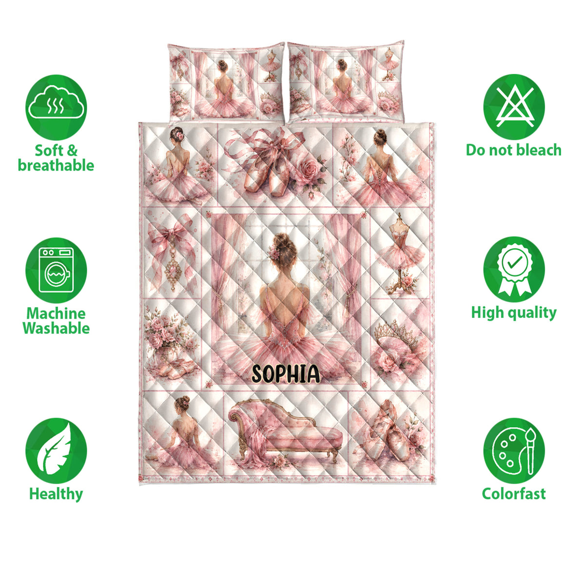 Ballet quilt bedding set shown with ballerina artwork, pink roses, pointe shoes, soft breathable design, and care icons