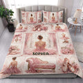 Ballet quilt bedding displayed in a bright bedroom with pink ballerinas, pointe shoes, roses, and vintage furnishings