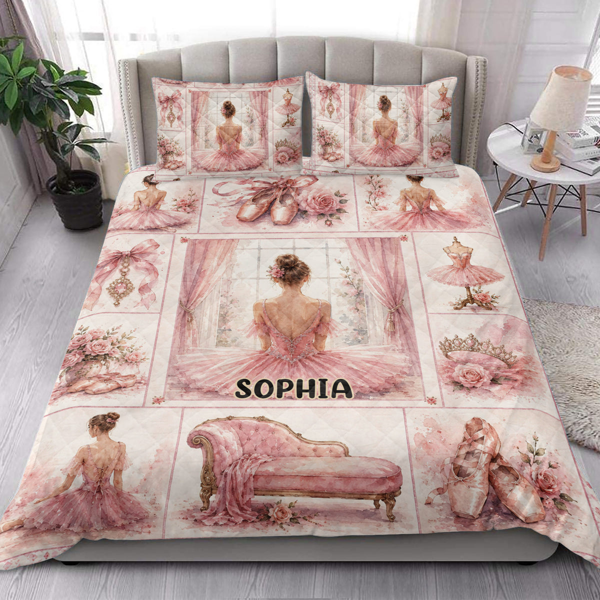 Ballet quilt bedding displayed in a bright bedroom with pink ballerinas, pointe shoes, roses, and vintage furnishings