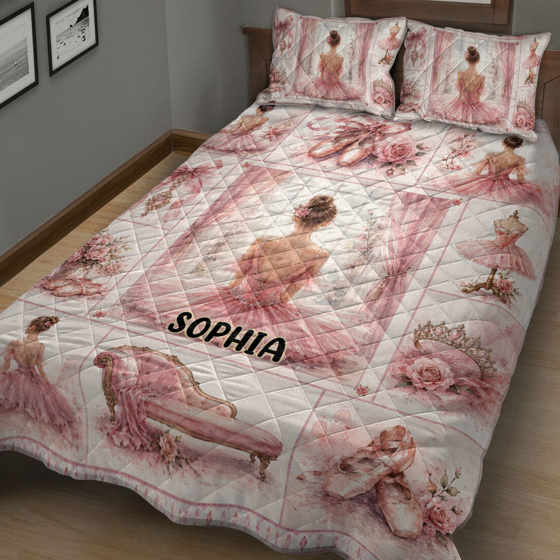 Pink ballerina quilt blanket styled on a bed with pointe shoes, floral artwork, roses, bows, and elegant ballet decor