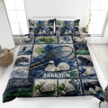 Badminton quilt blanket bedding set displayed on a bed with rackets, shuttlecocks, and court artwork