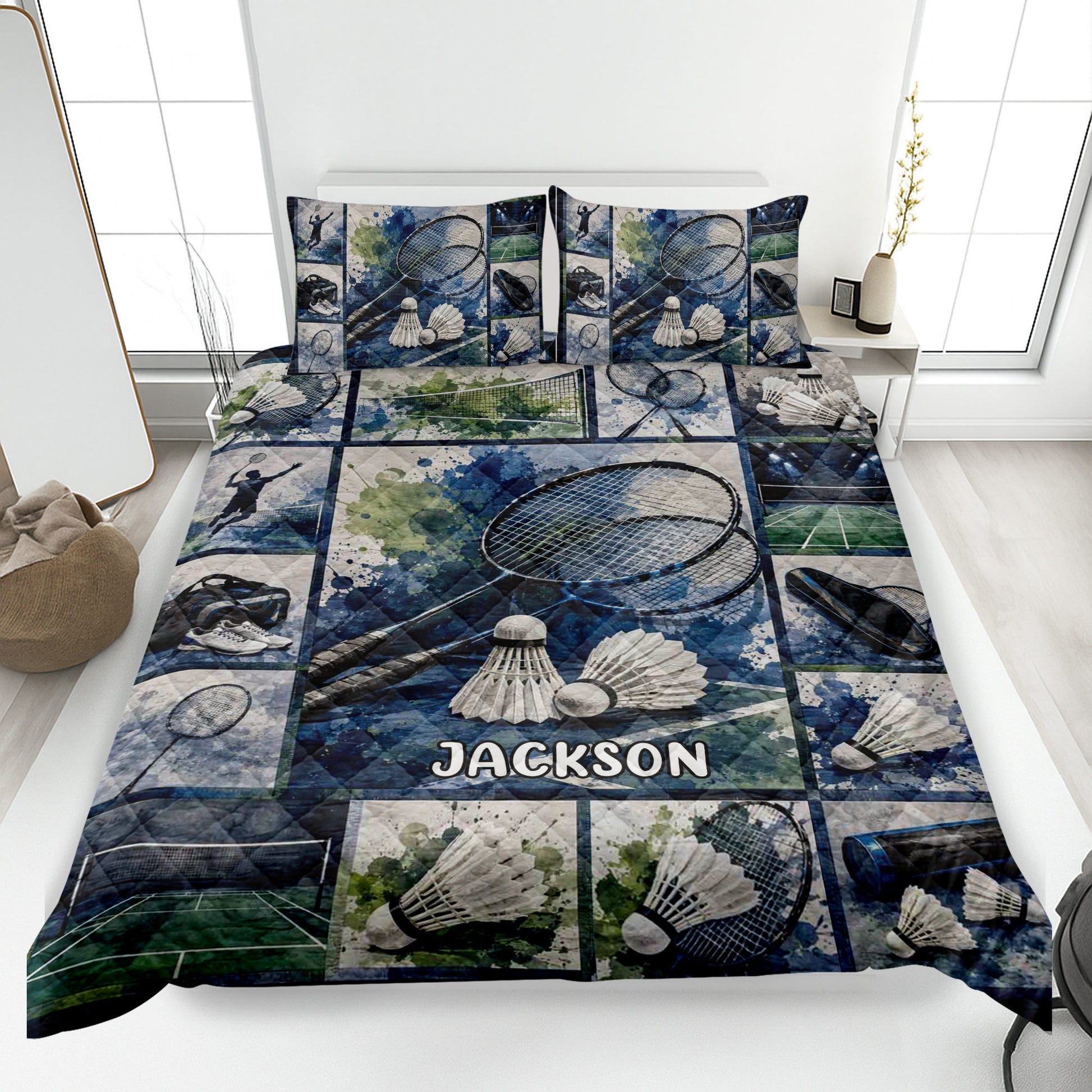 Badminton quilt blanket bedding set displayed on a bed with rackets, shuttlecocks, and court artwork