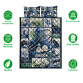Badminton quilt blanket showing racket and shuttlecock artwork with soft breathable and washable feature icons