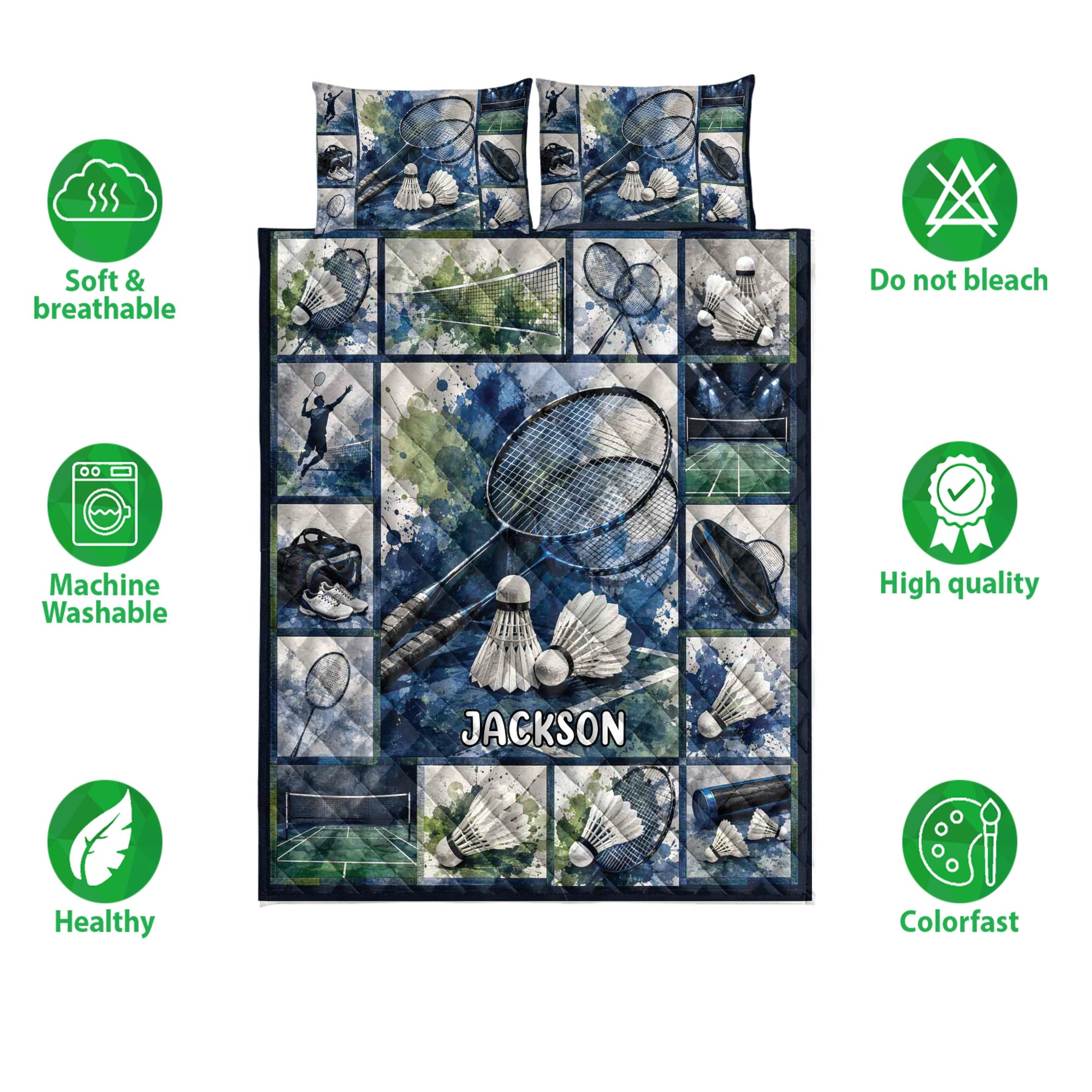 Badminton quilt blanket showing racket and shuttlecock artwork with soft breathable and washable feature icons