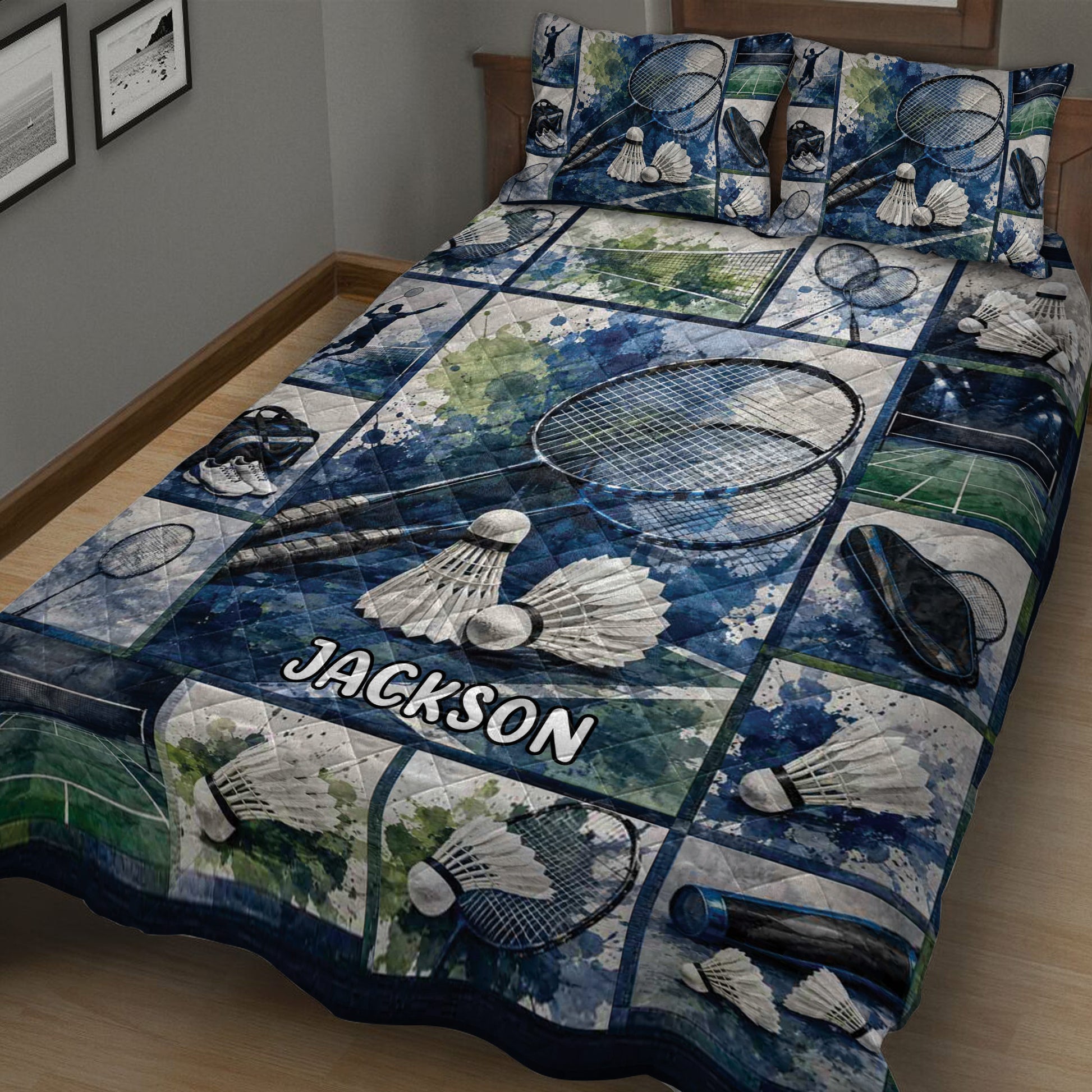 Close bedroom view of a badminton quilt blanket featuring rackets, shuttlecocks, and watercolor sports panels