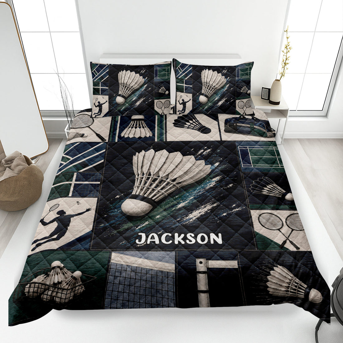 Badminton quilt blanket bedding set displayed on a bed with shuttlecocks, rackets, and player artwork
