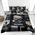 Badminton quilt blanket bedding set displayed on a bed with shuttlecocks, rackets, and player artwork