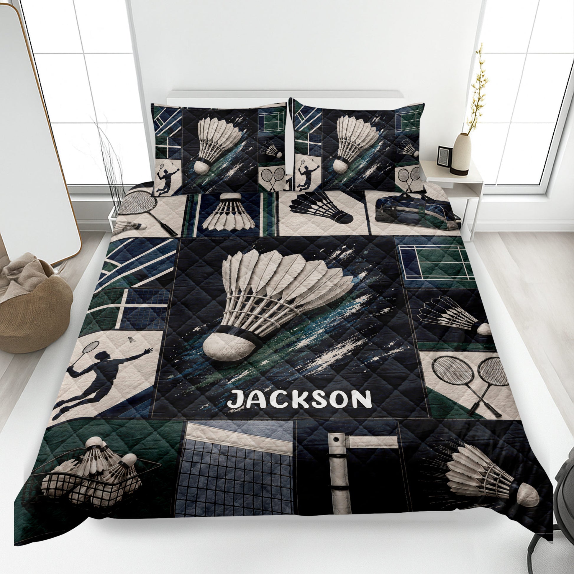 Badminton quilt blanket bedding set displayed on a bed with shuttlecocks, rackets, and player artwork