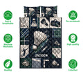 Badminton quilt bedding set shown with shuttlecock and racket collage artwork in navy, white, and green