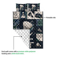 Badminton quilt close-up showing the printed artwork, quilted reverse, shuttlecocks, and racket bag