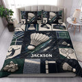 Badminton quilt blanket styled in a bright bedroom with shuttlecock, racket, and court-themed artwork
